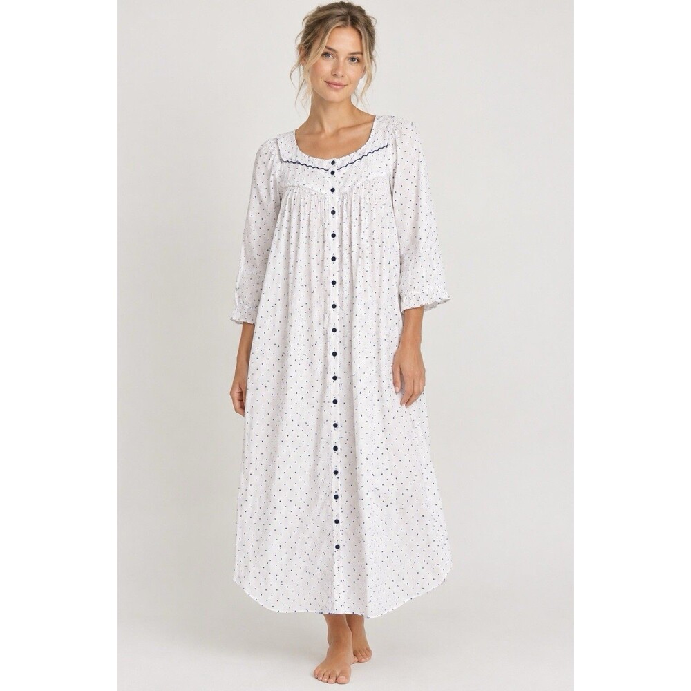 Eileen West Nightgown Lawn Cotton Retro Cottagecore Sz S Long Sleeve White Blue